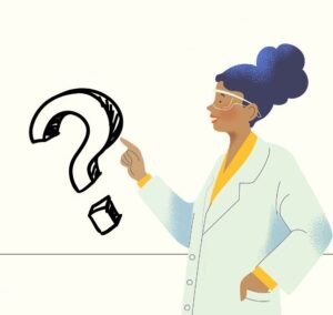 Image of a scientist pointing at a question mark. The scientists is female presenting and wearing safety goggles and a lab coat.