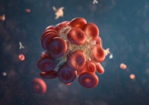 Image showing a blood clot in bloodstream with activated platelets and fibrin