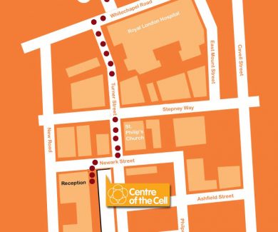 A map showing how to reach Centre of the Cell from Whitechapel Underground Station.