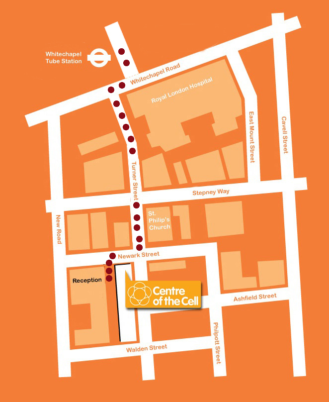 A map showing how to reach Centre of the Cell from Whitechapel Underground Station.